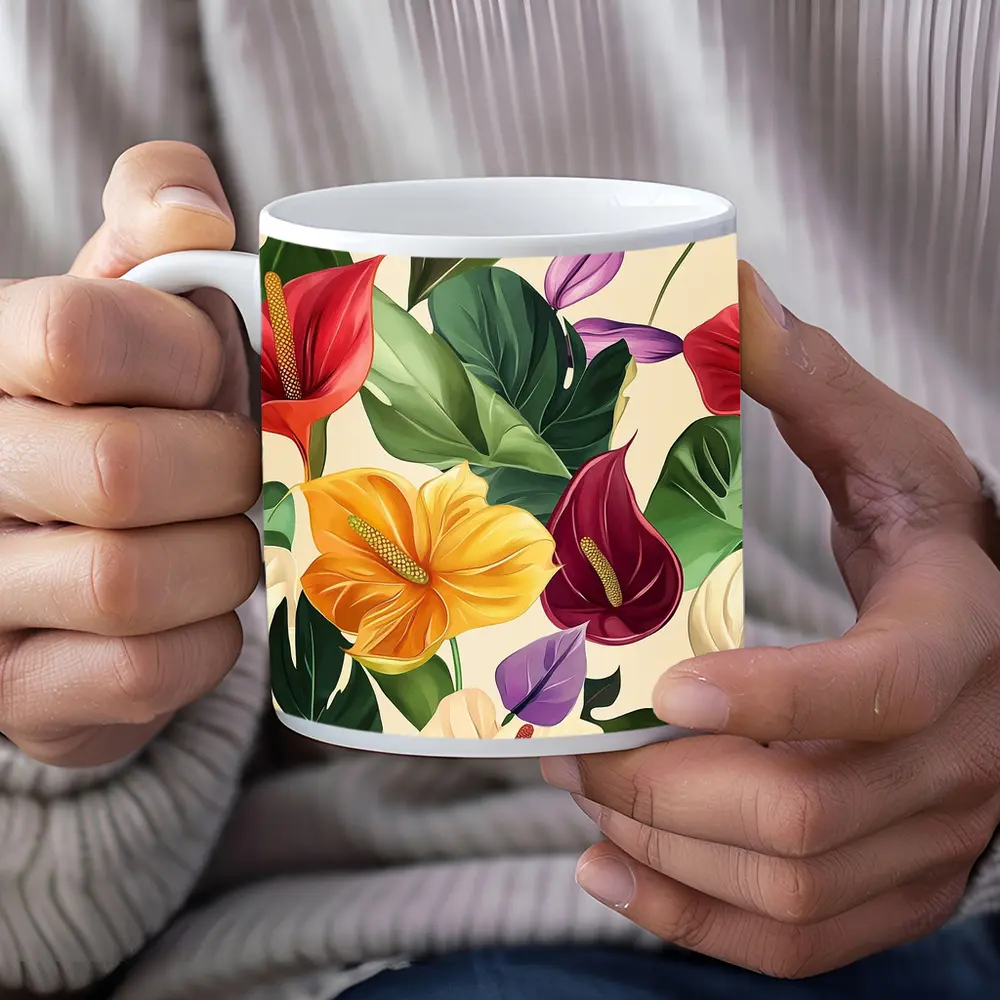 Tropical Anthurium Hibiscus Flowers Beige Background – Mugs