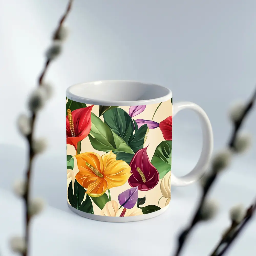 Tropical Anthurium Hibiscus Flowers Beige Background – Mugs