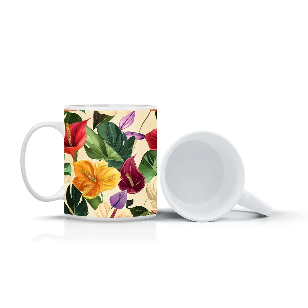 Tropical Anthurium Hibiscus Flowers Beige Background – Mugs