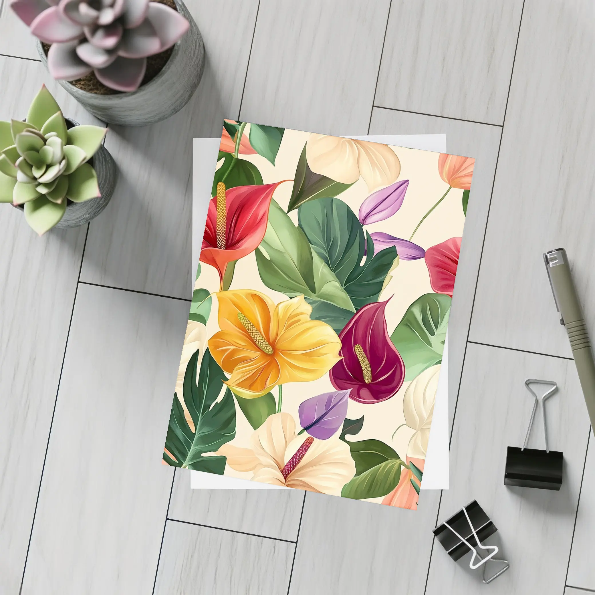 Tropical Anthurium Hibiscus Flowers Beige Background – Postcards