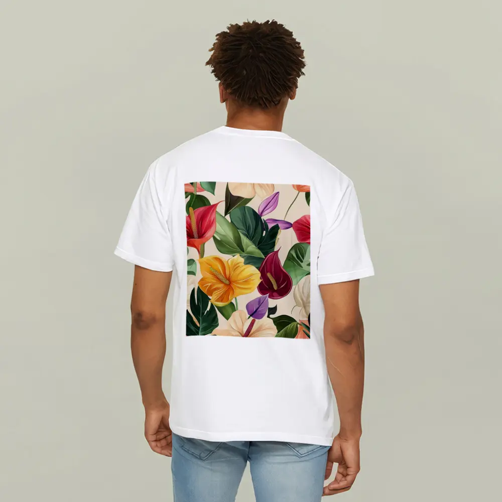 Tropical Anthurium Hibiscus Flowers Beige Background – T-Shirts