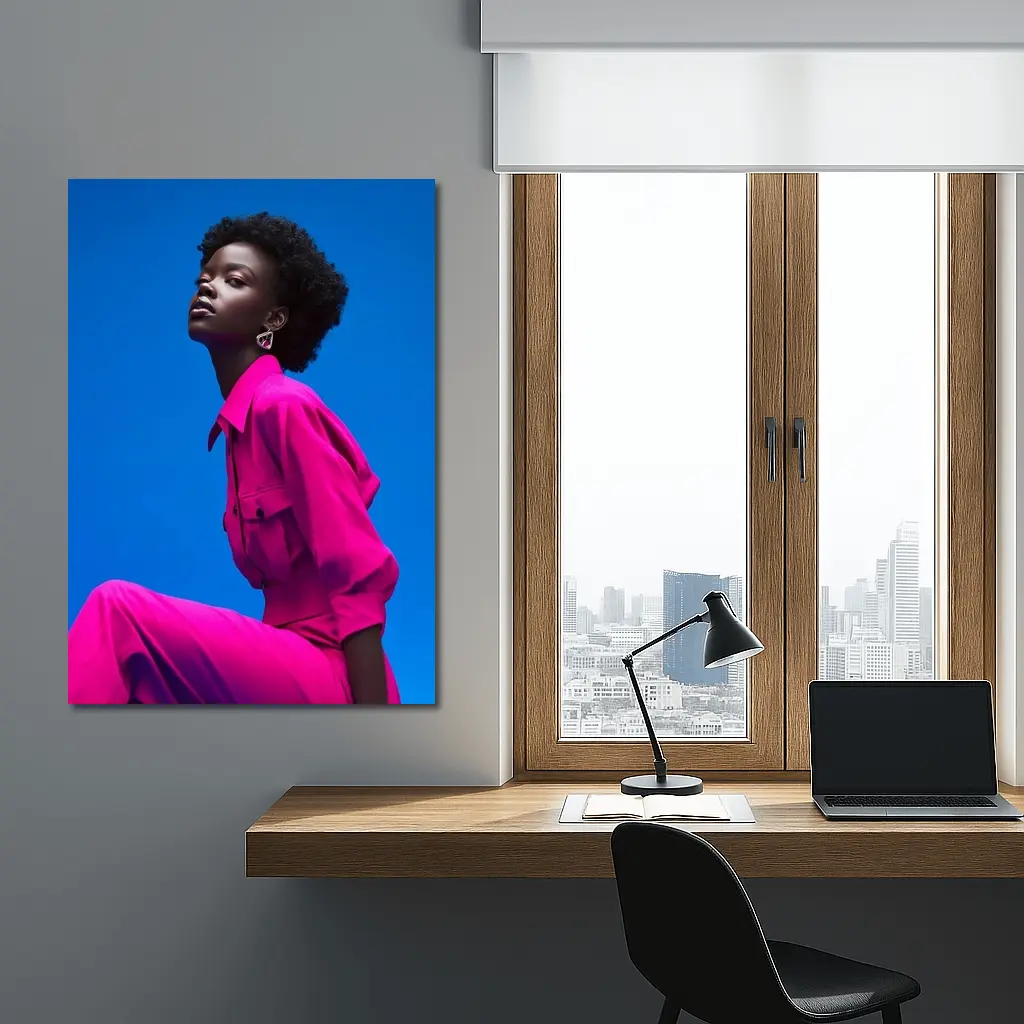 Woman in Magenta Outfit Against Blue Sky – Wall Art