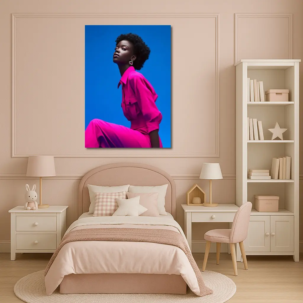 Woman in Magenta Outfit Against Blue Sky – Wall Art