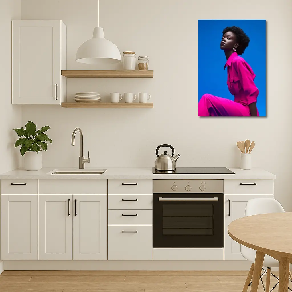 Woman in Magenta Outfit Against Blue Sky – Wall Art