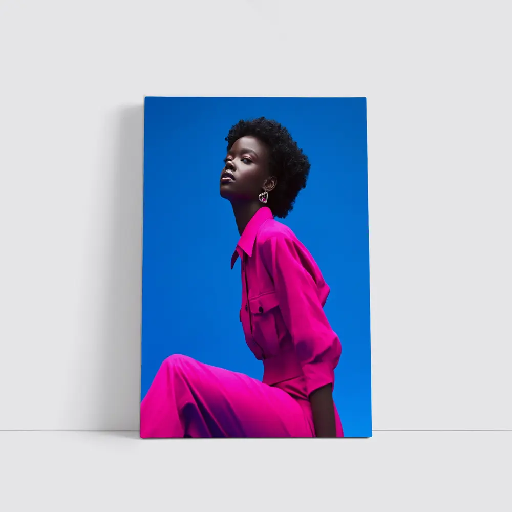 Woman in Magenta Outfit Against Blue Sky – Wall Art