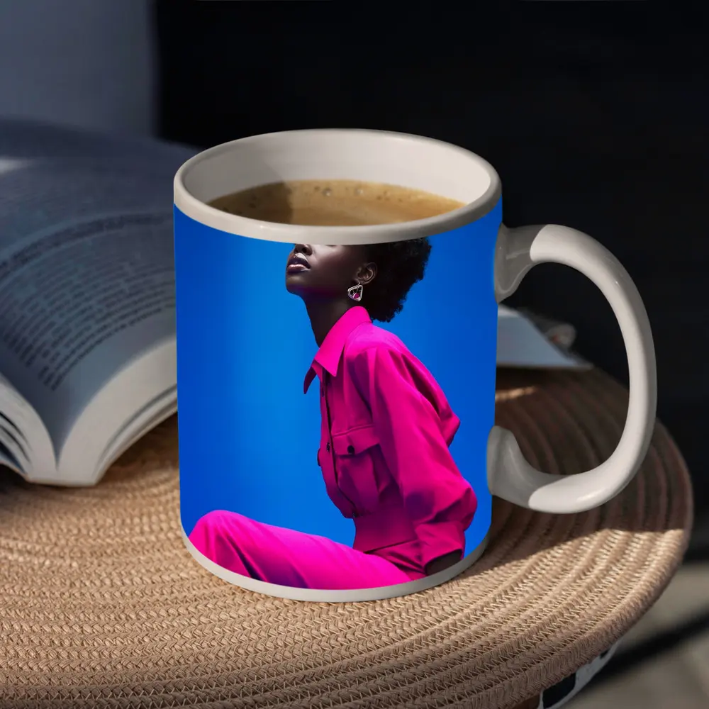 Woman in Magenta Outfit Against Blue Sky – Mugs
