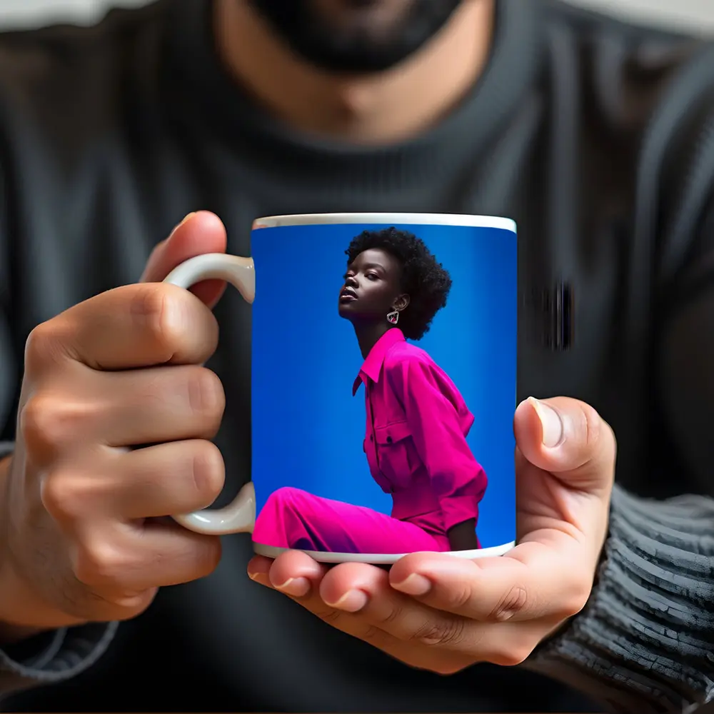Woman in Magenta Outfit Against Blue Sky – Mugs