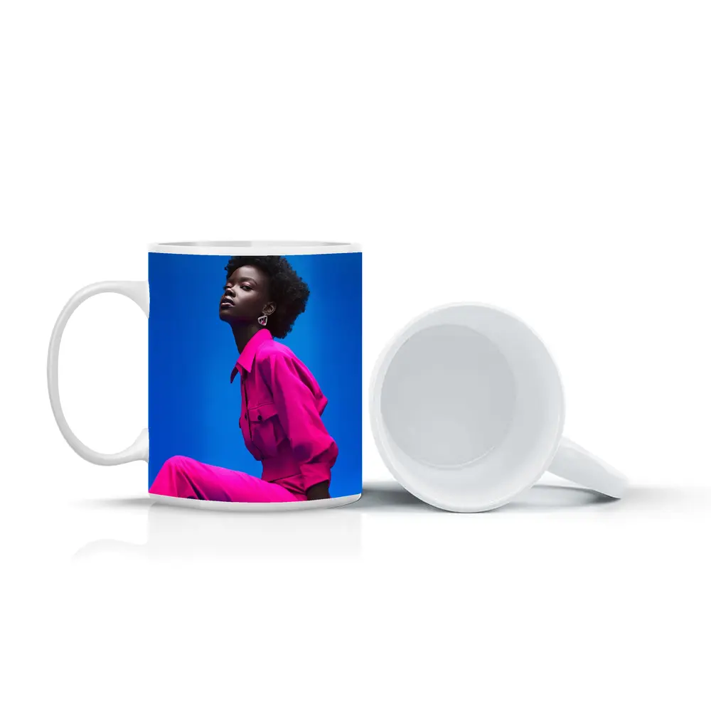 Woman in Magenta Outfit Against Blue Sky – Mugs
