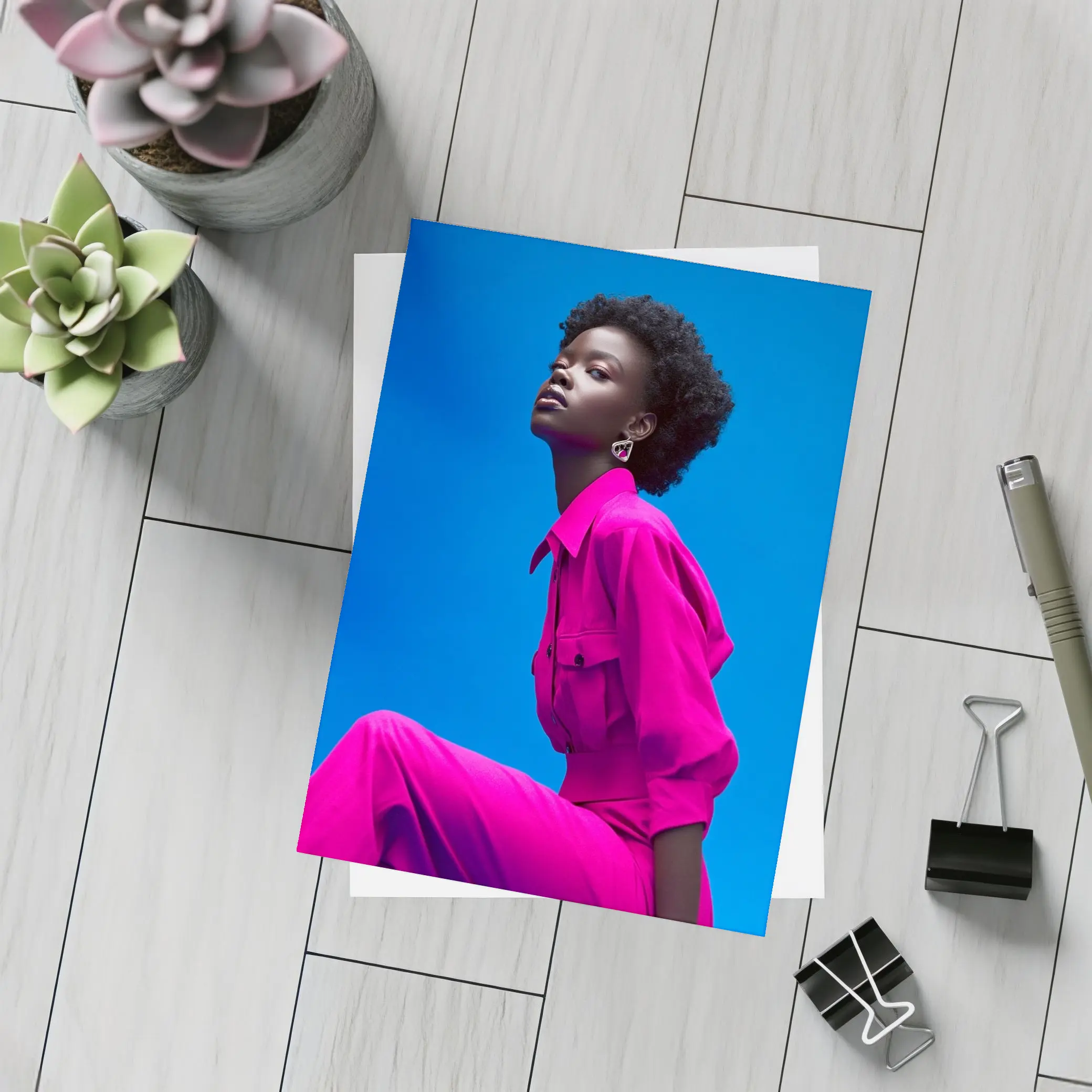 Woman in Magenta Outfit Against Blue Sky – Postcards