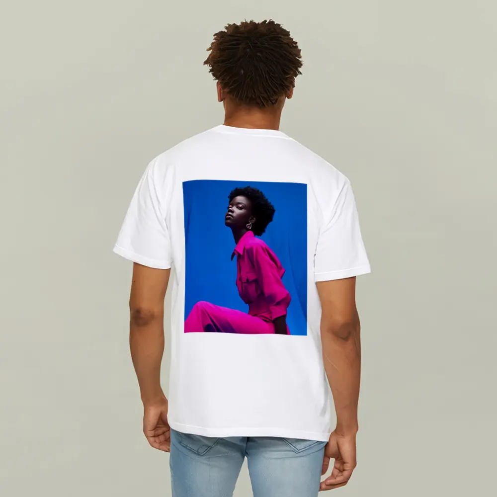Woman in Magenta Outfit Against Blue Sky – T-Shirts