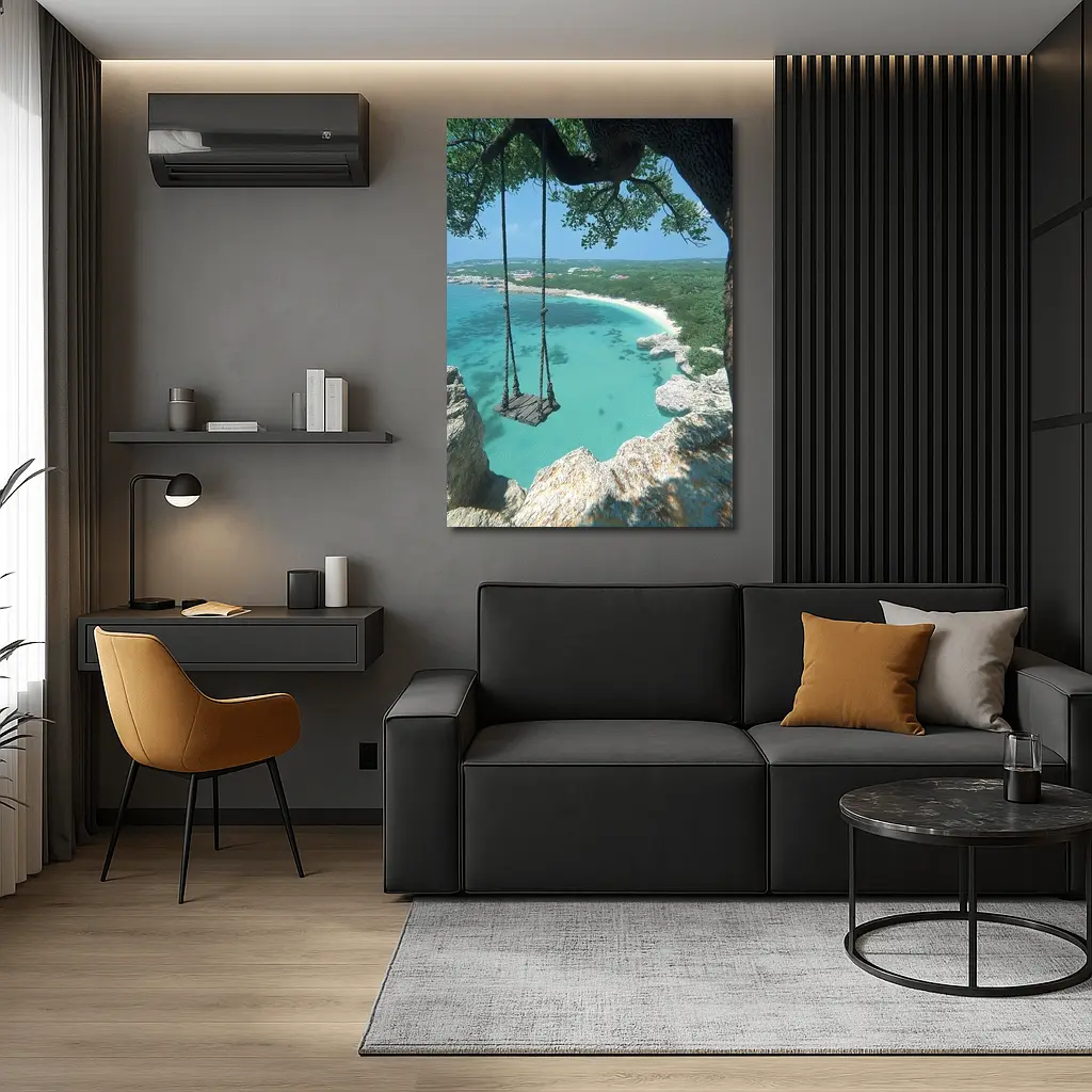 Wooden Swing Overlooking Turquoise Caribbean Beach – Wall Art