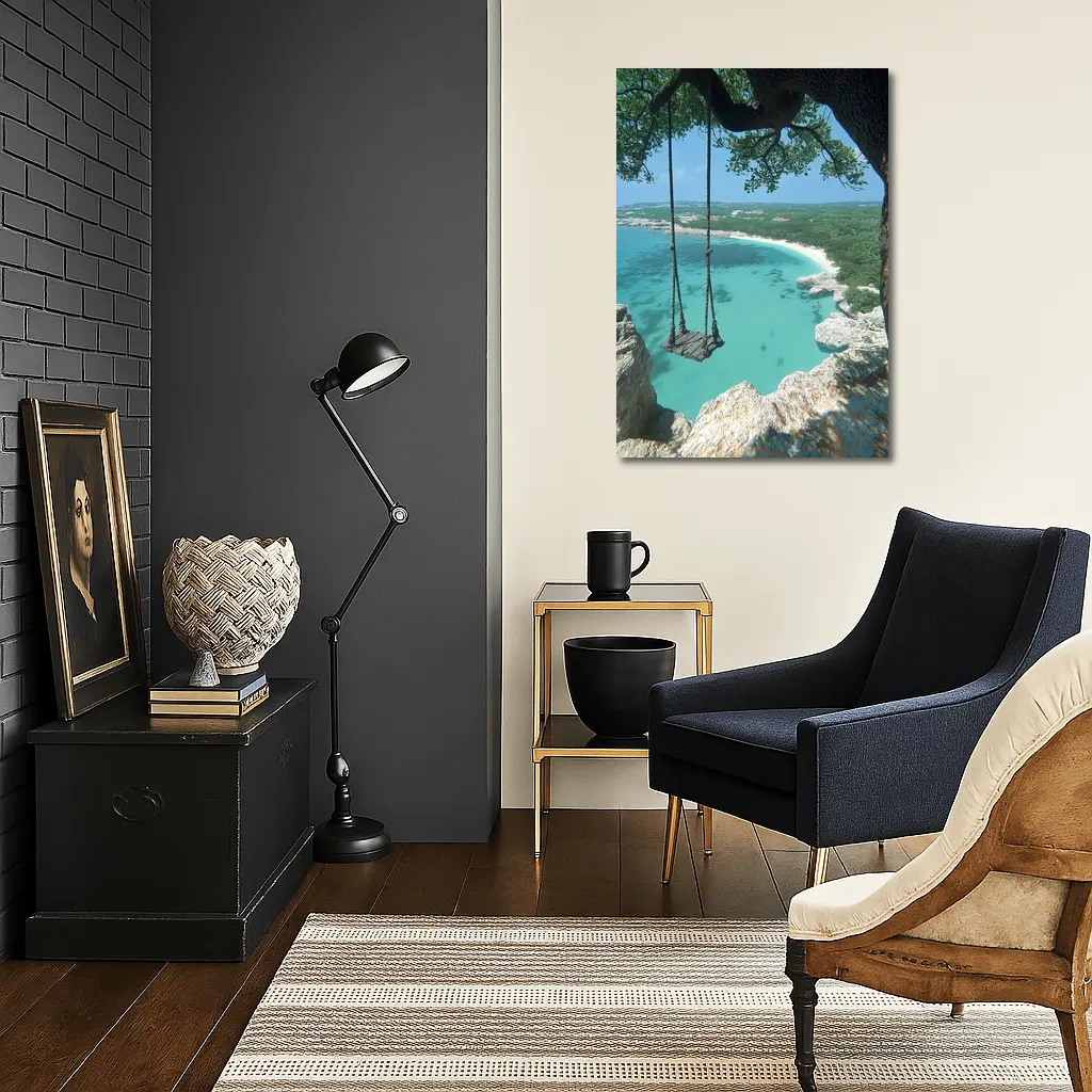 Wooden Swing Overlooking Turquoise Caribbean Beach – Wall Art