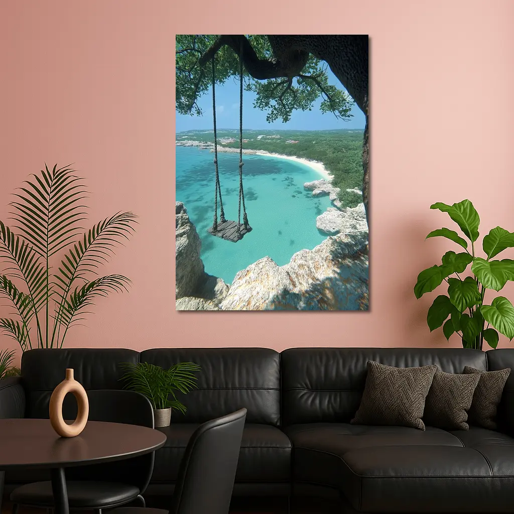 Wooden Swing Overlooking Turquoise Caribbean Beach – Wall Art
