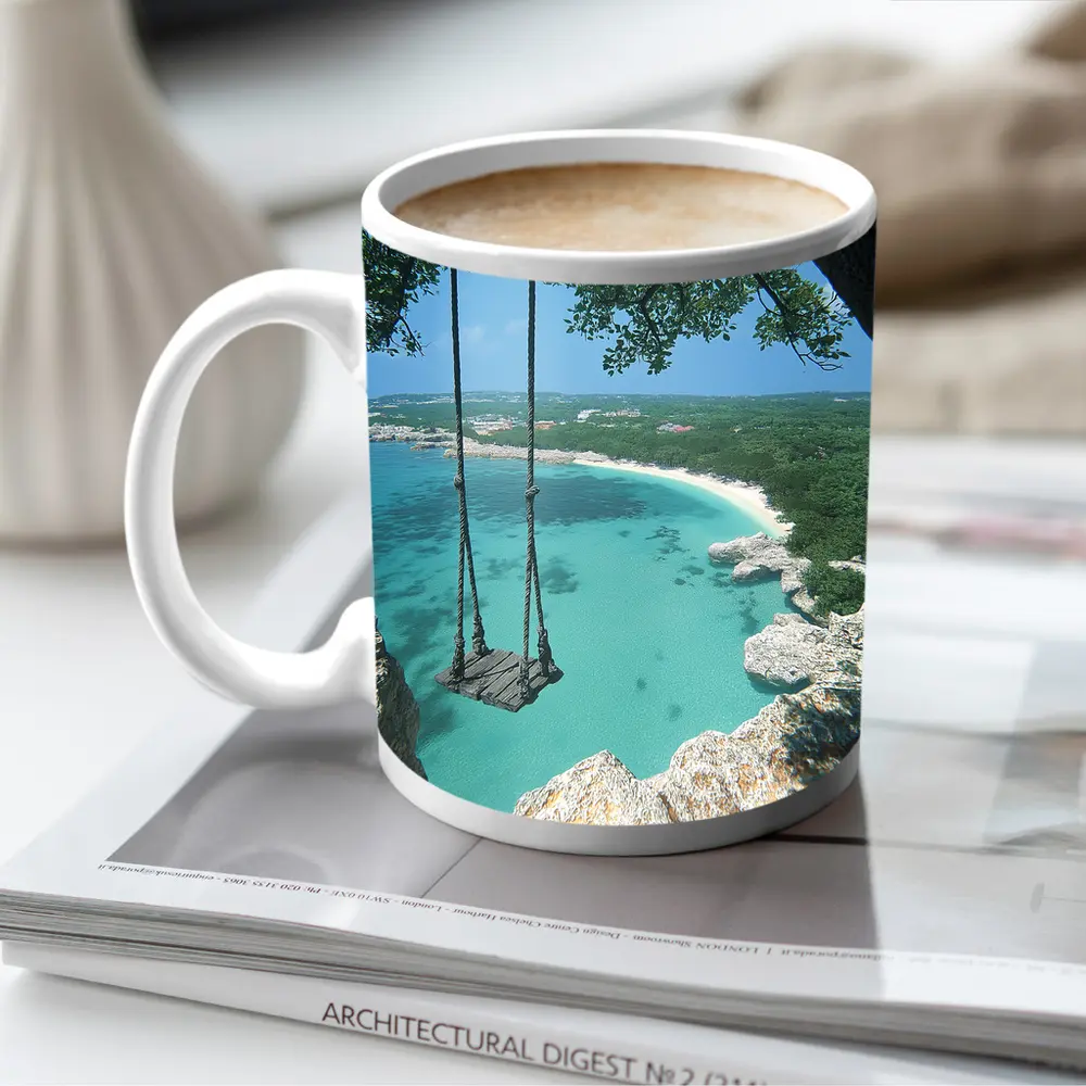 Wooden Swing Overlooking Turquoise Caribbean Beach – Mugs