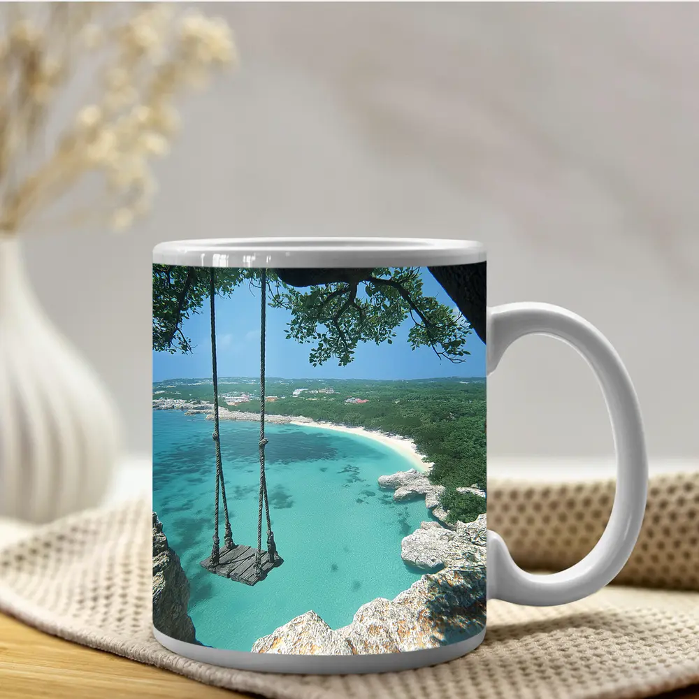Wooden Swing Overlooking Turquoise Caribbean Beach – Mugs