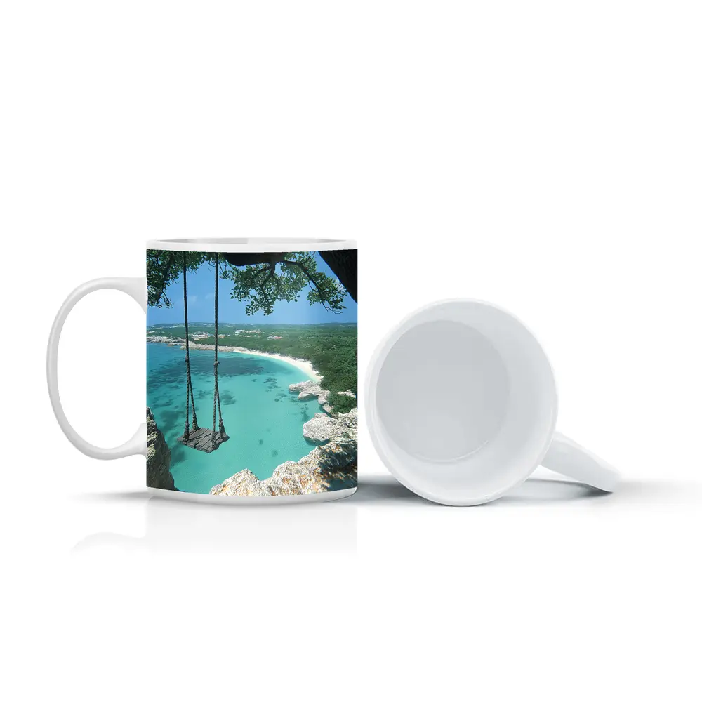 Wooden Swing Overlooking Turquoise Caribbean Beach – Mugs