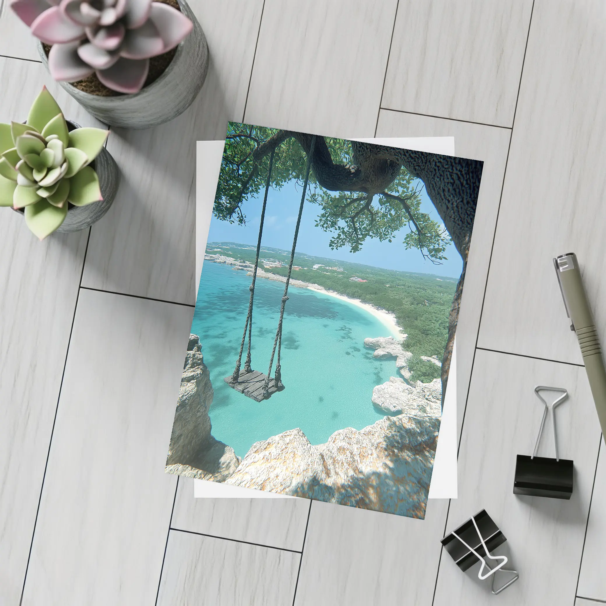 Wooden Swing Overlooking Turquoise Caribbean Beach – Postcards