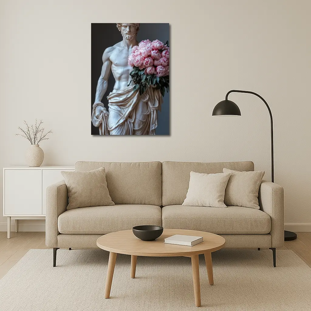 Greek Marble Statue Holding Pink Peonies – Wall Art