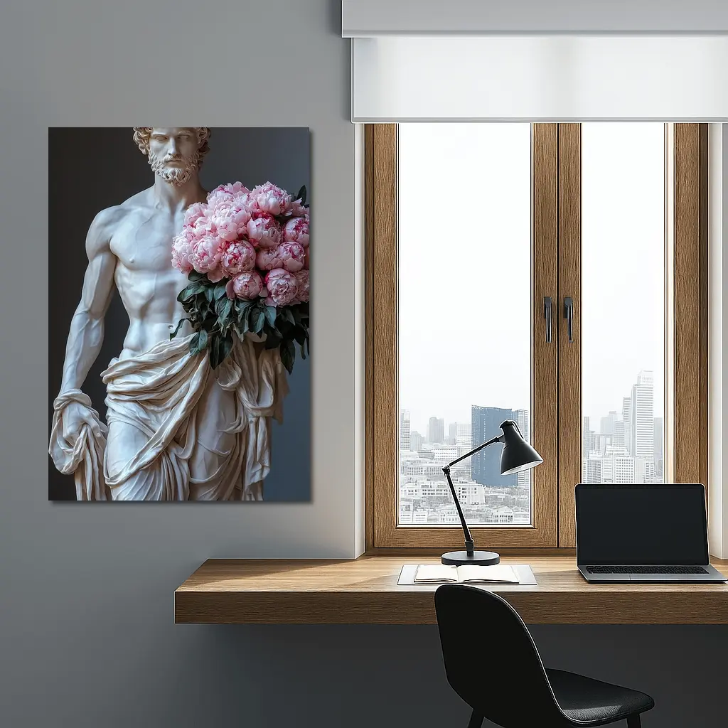 Greek Marble Statue Holding Pink Peonies – Wall Art