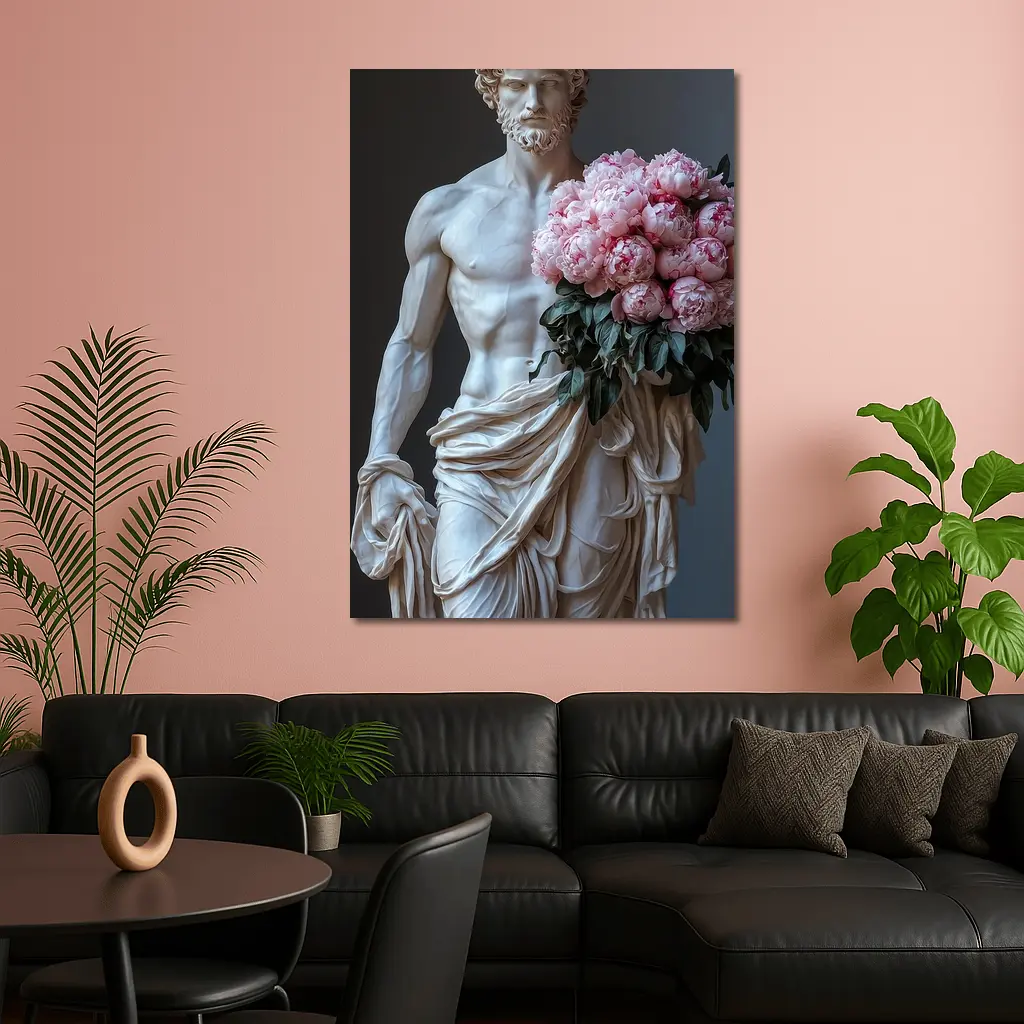 Greek Marble Statue Holding Pink Peonies – Wall Art