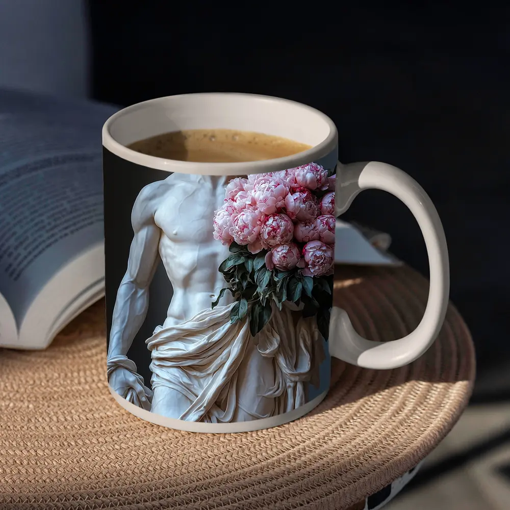 Greek Marble Statue Holding Pink Peonies – Mugs