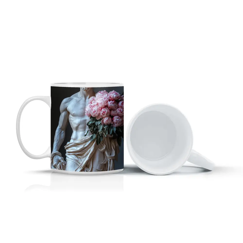 Greek Marble Statue Holding Pink Peonies – Mugs