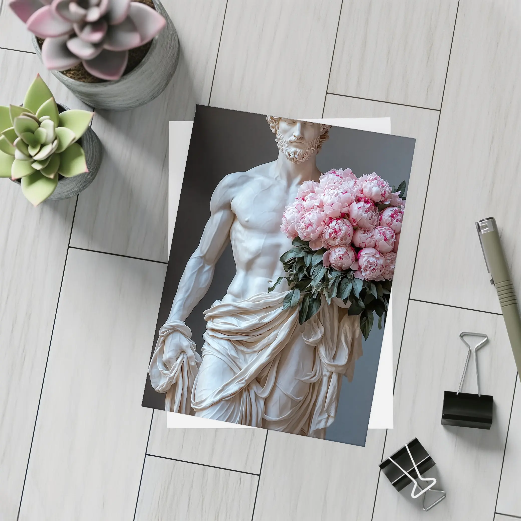 Greek Marble Statue Holding Pink Peonies – Postcards