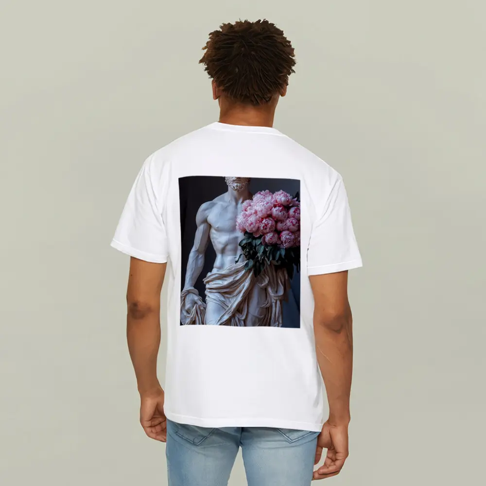 Greek Marble Statue Holding Pink Peonies – T-Shirts