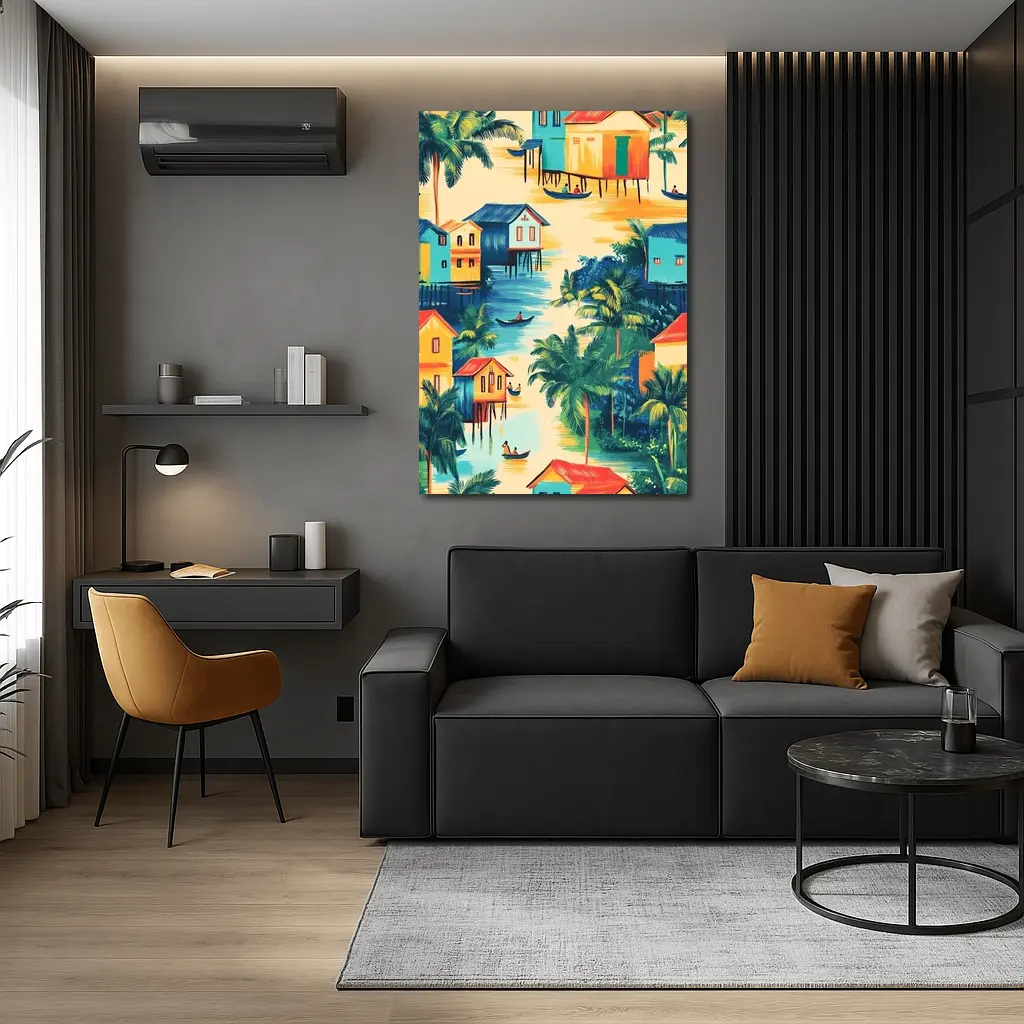 Tropical Stilt Village Waterway Colorful Illustration – Wall Art