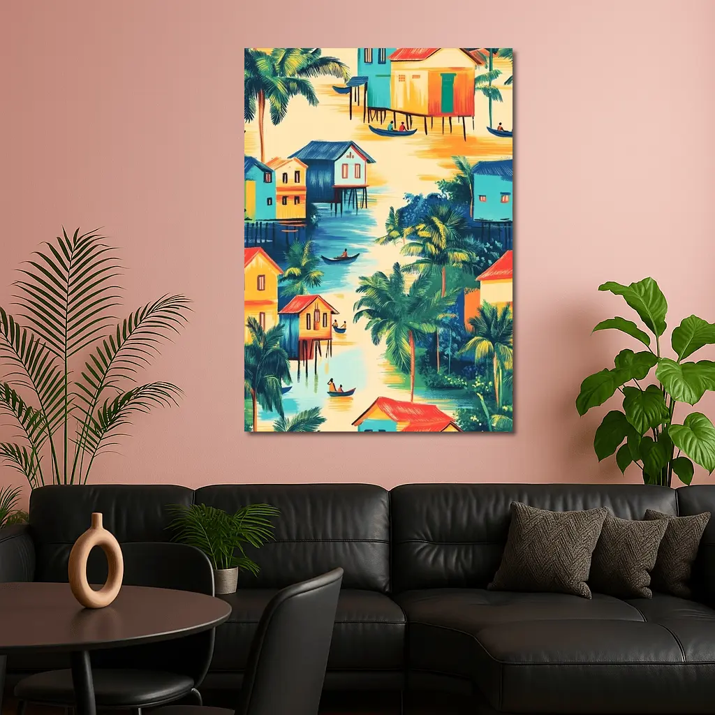 Tropical Stilt Village Waterway Colorful Illustration – Wall Art
