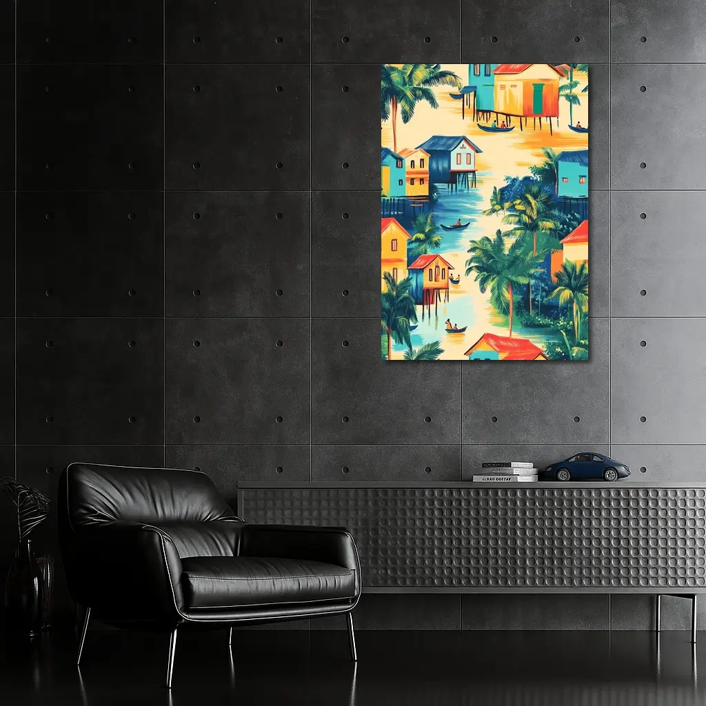 Tropical Stilt Village Waterway Colorful Illustration – Wall Art