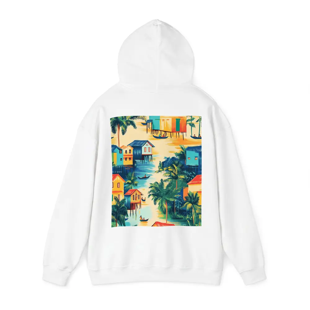 Tropical Stilt Village Waterway Colorful Illustration – Hoodies
