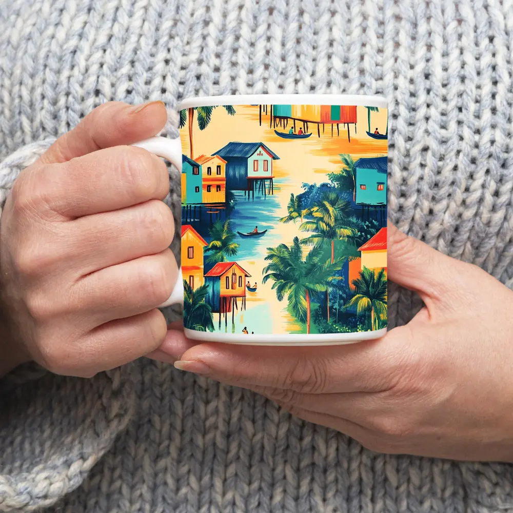 Tropical Stilt Village Waterway Colorful Illustration – Mugs