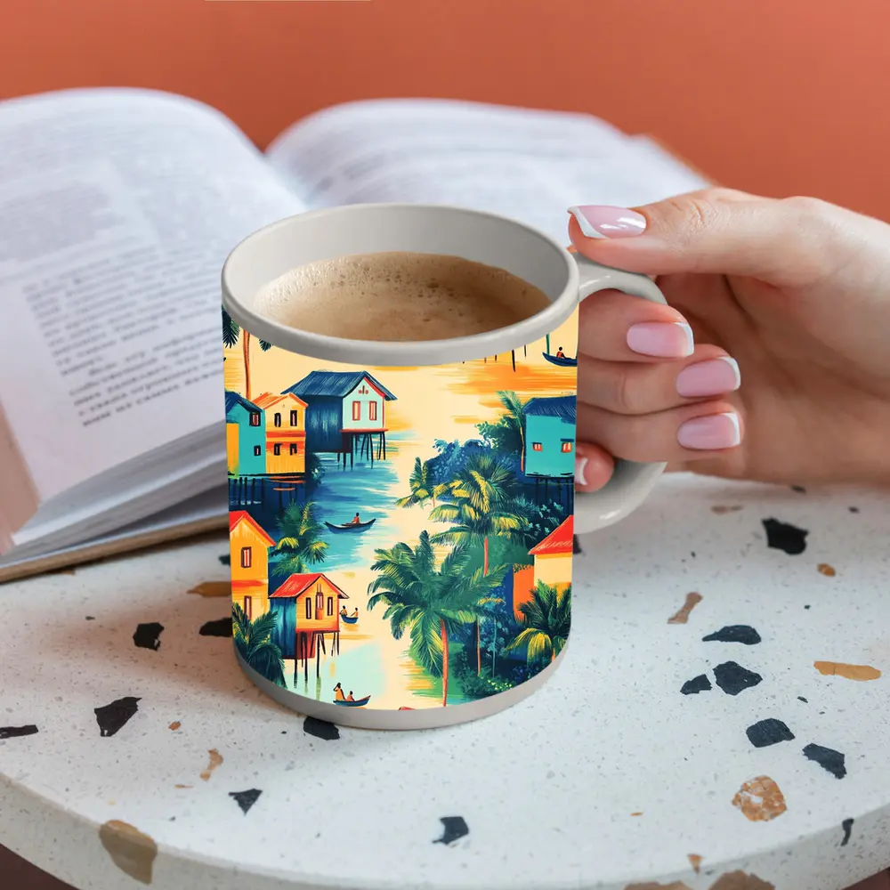 Tropical Stilt Village Waterway Colorful Illustration – Mugs