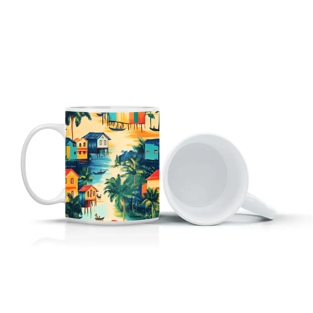 Tropical Stilt Village Waterway Colorful Illustration – Mugs