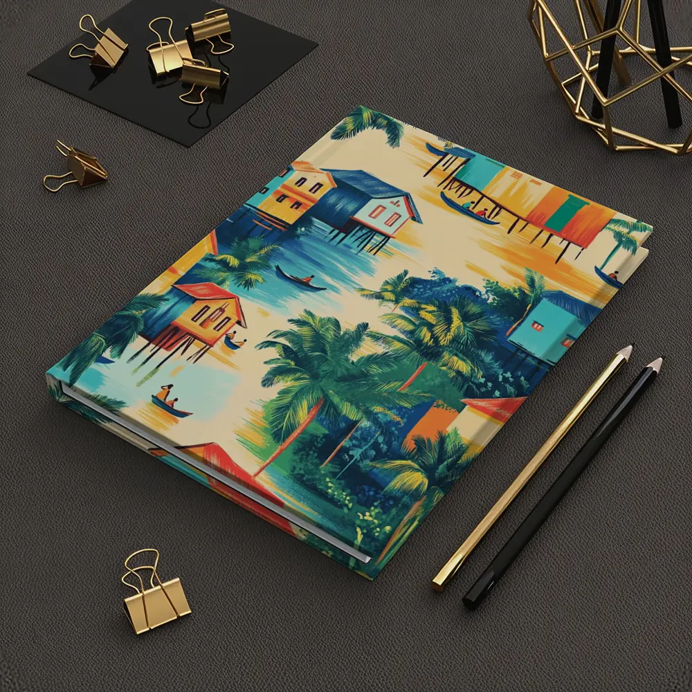 Tropical Stilt Village Waterway Colorful Illustration – Notebooks