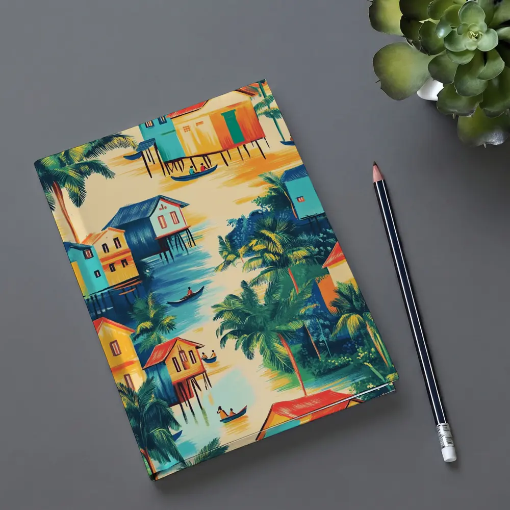 Tropical Stilt Village Waterway Colorful Illustration – Notebooks