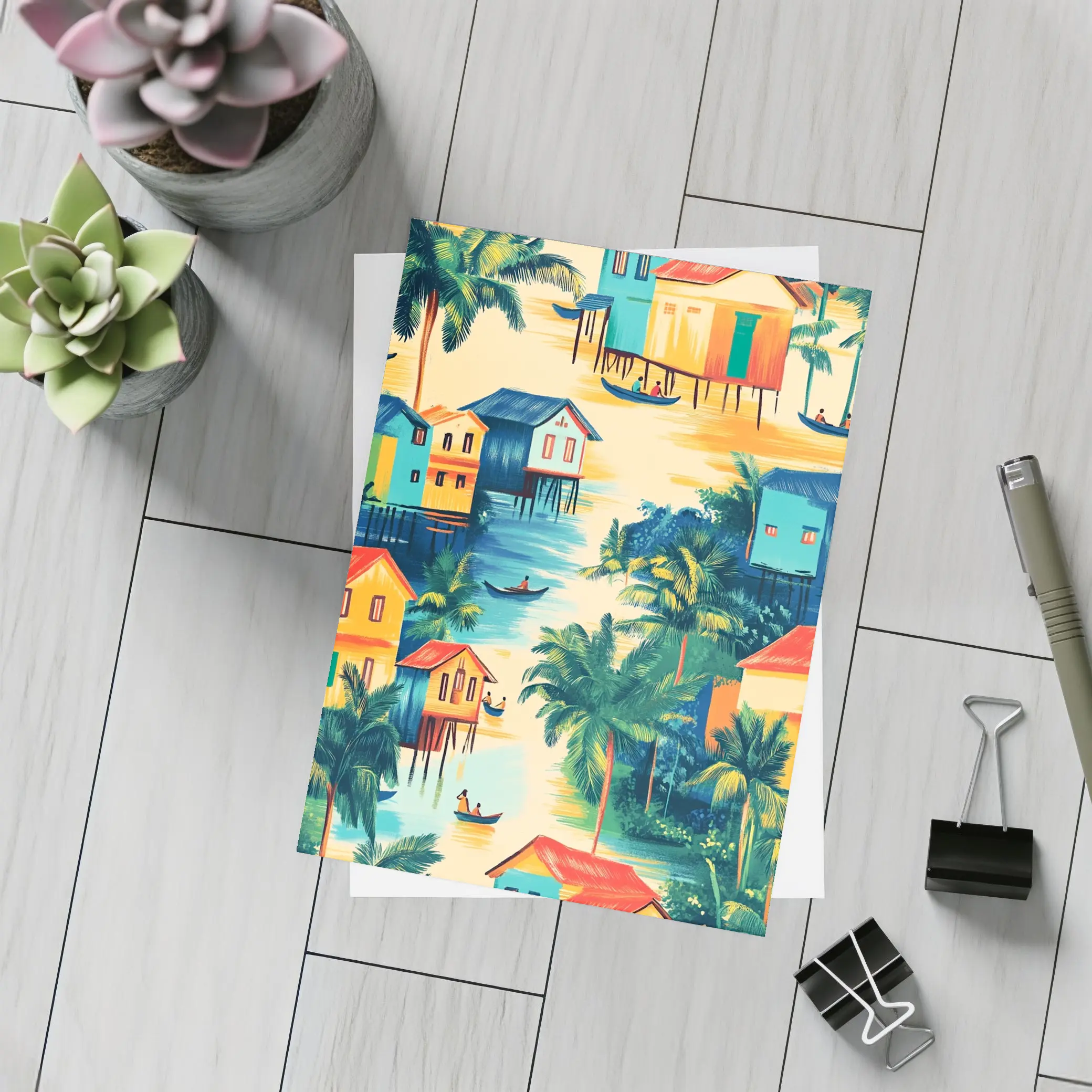 Tropical Stilt Village Waterway Colorful Illustration – Postcards