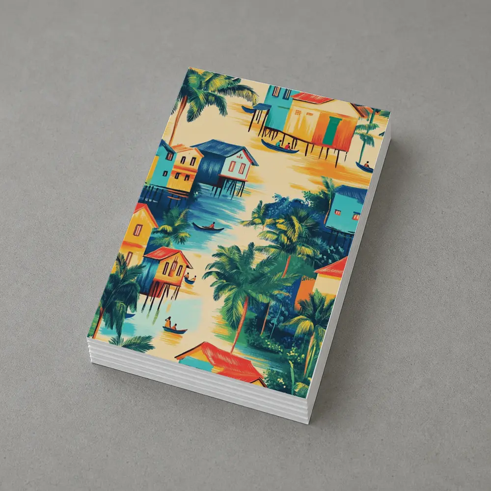 Tropical Stilt Village Waterway Colorful Illustration – Postcards