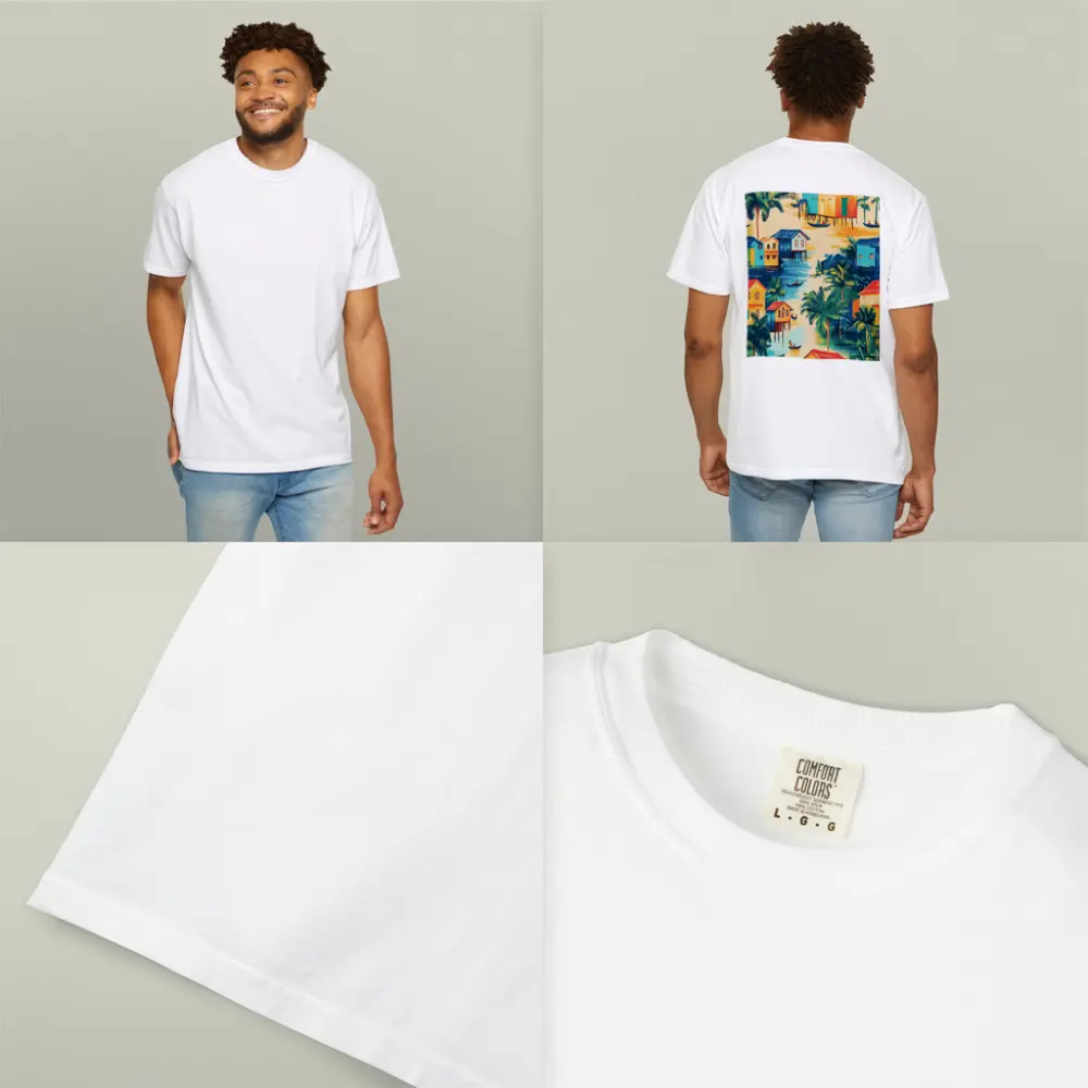 Tropical Stilt Village Waterway Colorful Illustration – T-Shirts