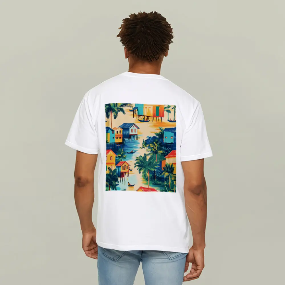Tropical Stilt Village Waterway Colorful Illustration – T-Shirts