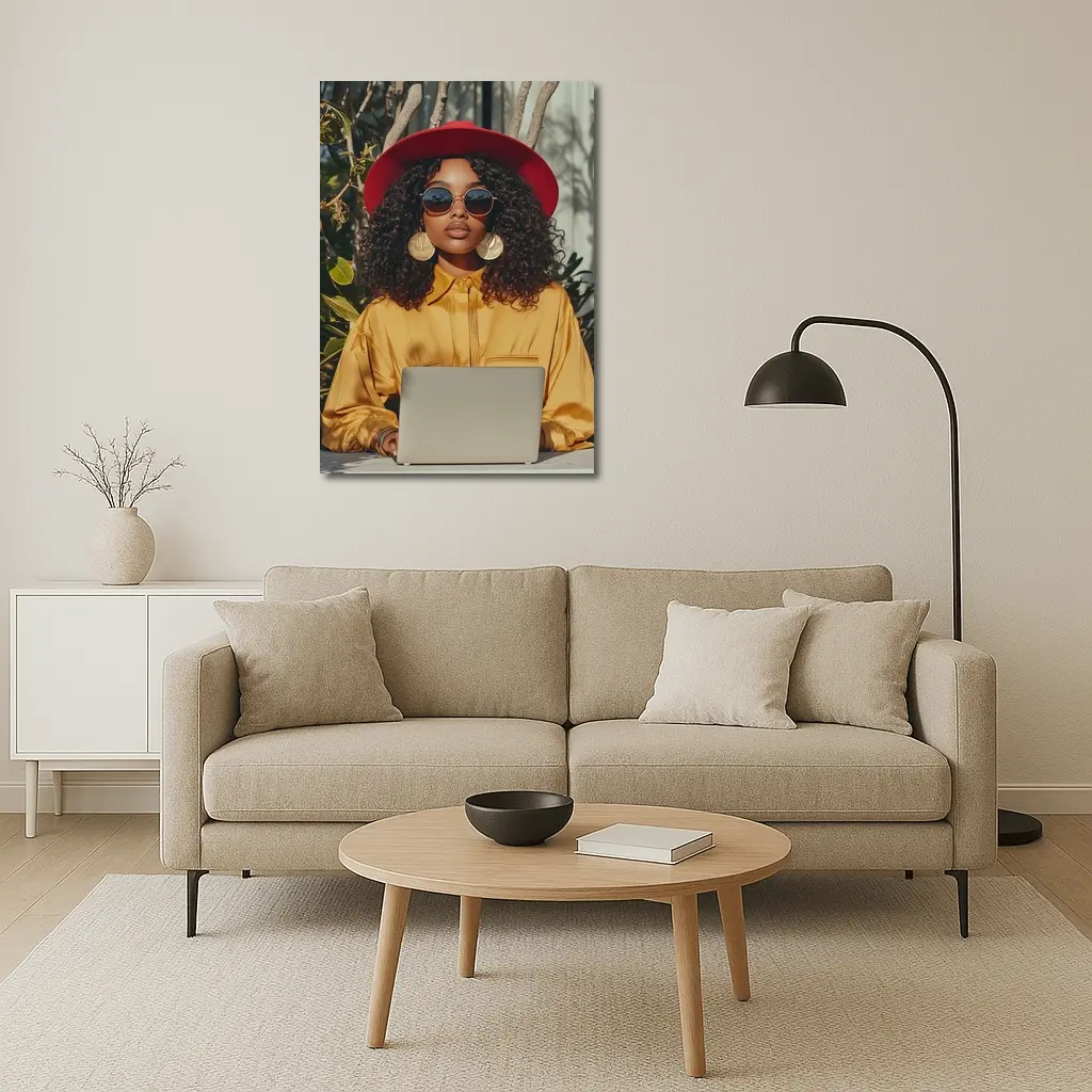 Stylish Woman Red Hat Yellow Blouse Laptop – Wall Art