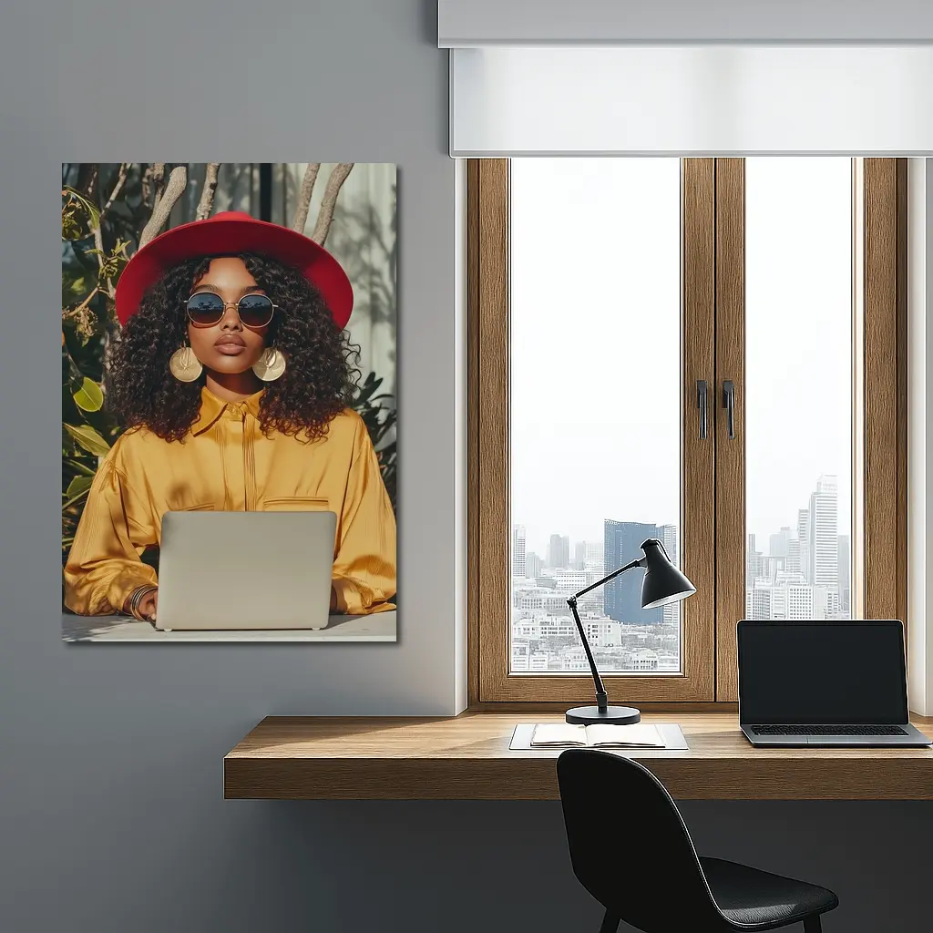 Stylish Woman Red Hat Yellow Blouse Laptop – Wall Art