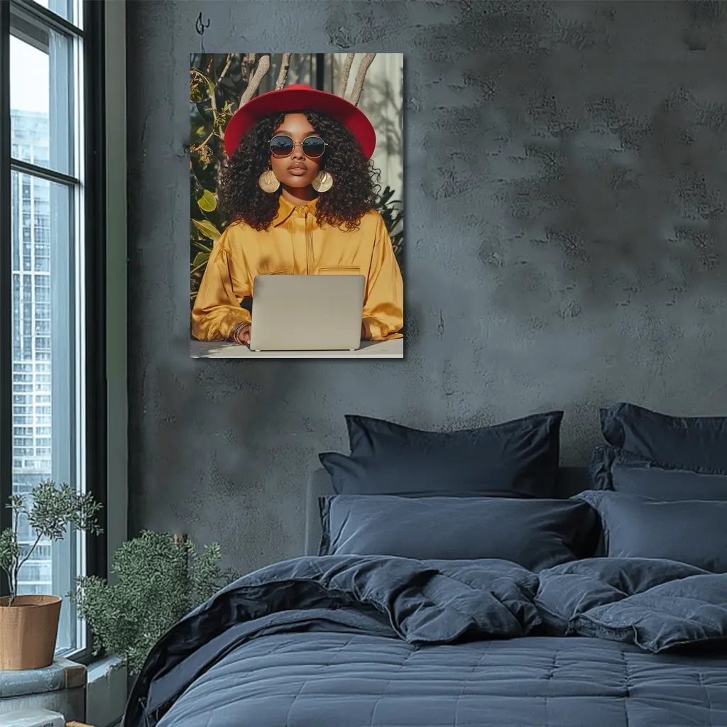 Stylish Woman Red Hat Yellow Blouse Laptop – Wall Art