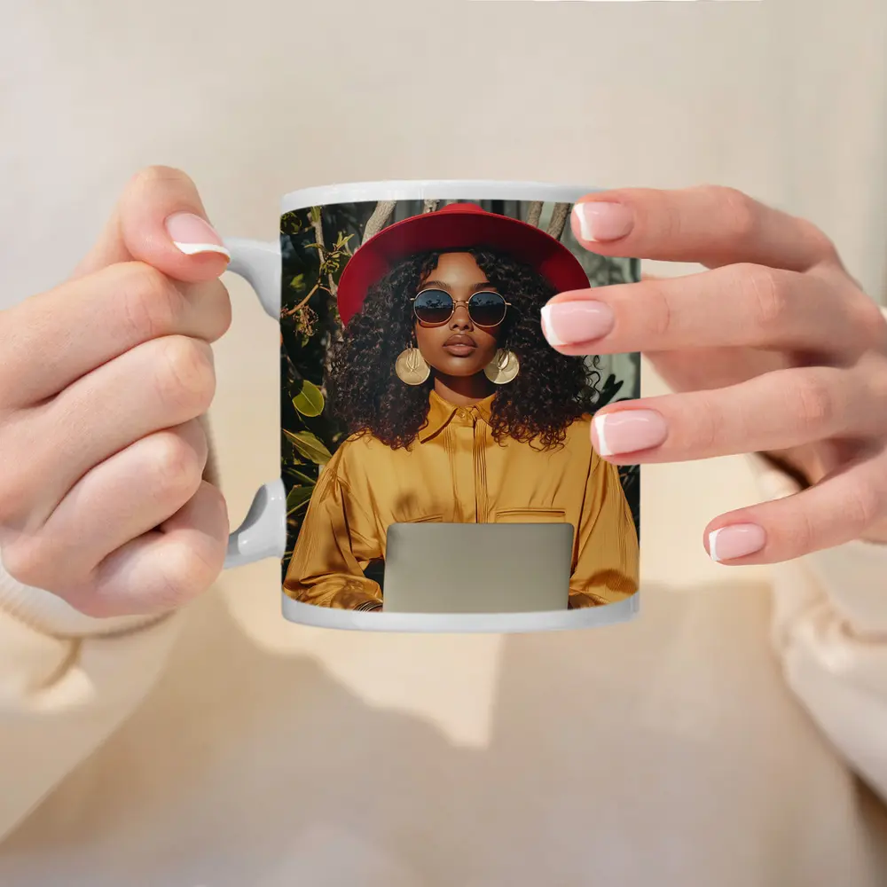 Stylish Woman Red Hat Yellow Blouse Laptop – Mugs