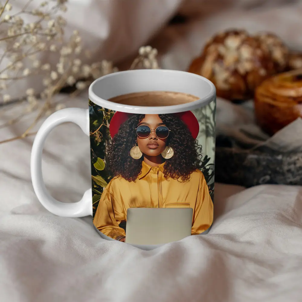 Stylish Woman Red Hat Yellow Blouse Laptop – Mugs