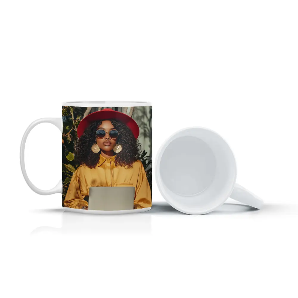 Stylish Woman Red Hat Yellow Blouse Laptop – Mugs