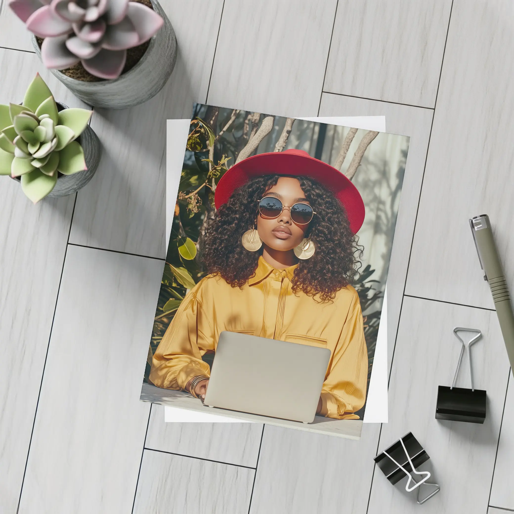 Stylish Woman Red Hat Yellow Blouse Laptop – Postcards