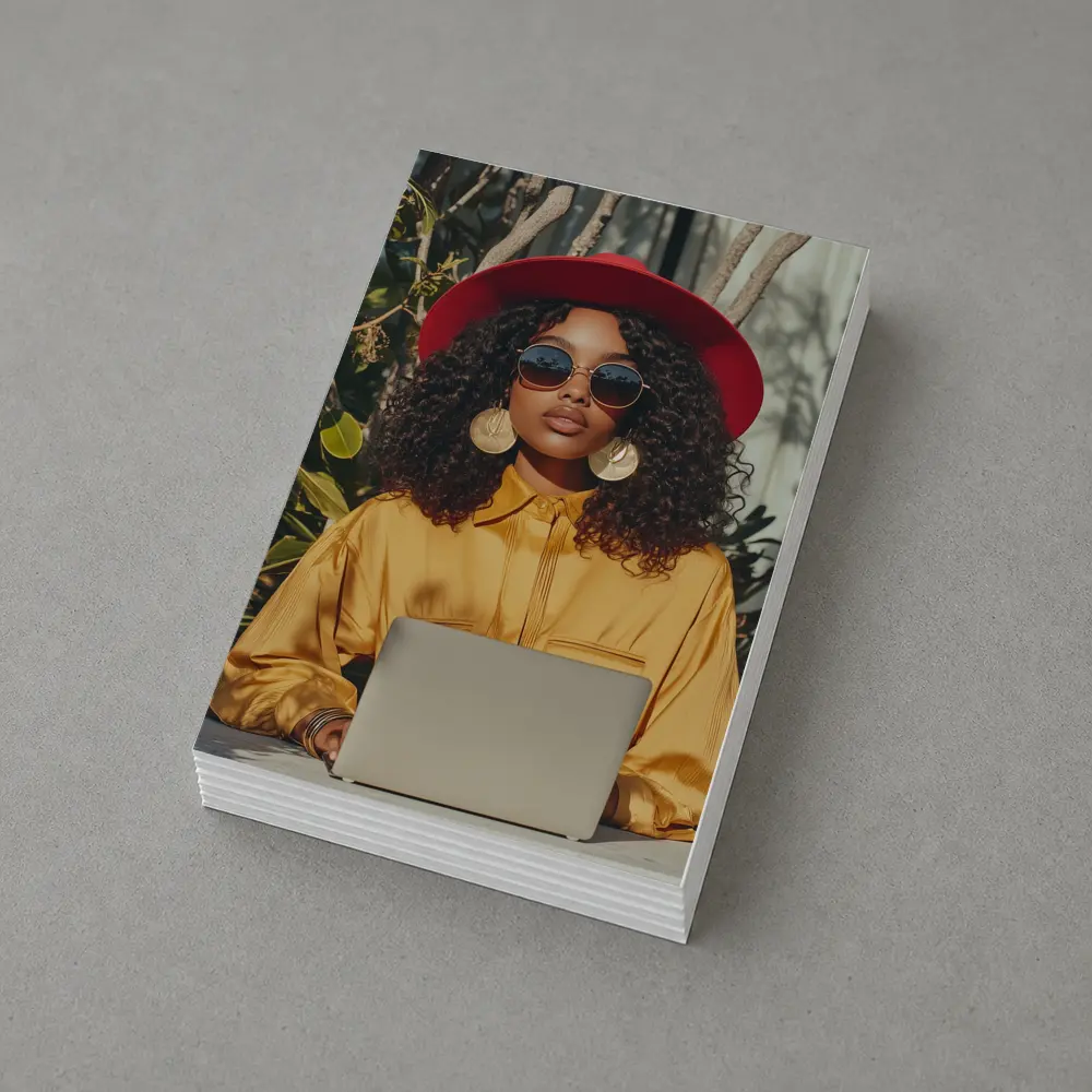 Stylish Woman Red Hat Yellow Blouse Laptop – Postcards