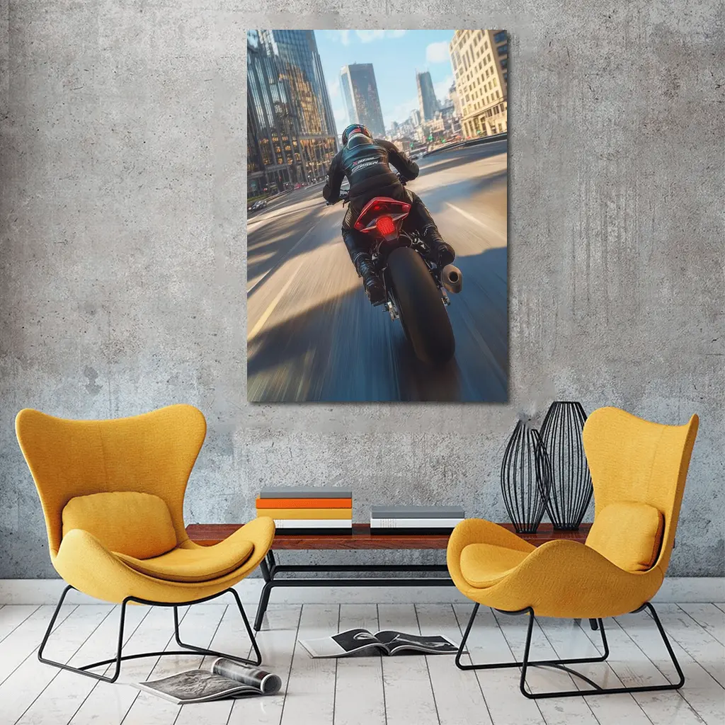 Sport Bike Rider Racing Through City Streets – Wall Art